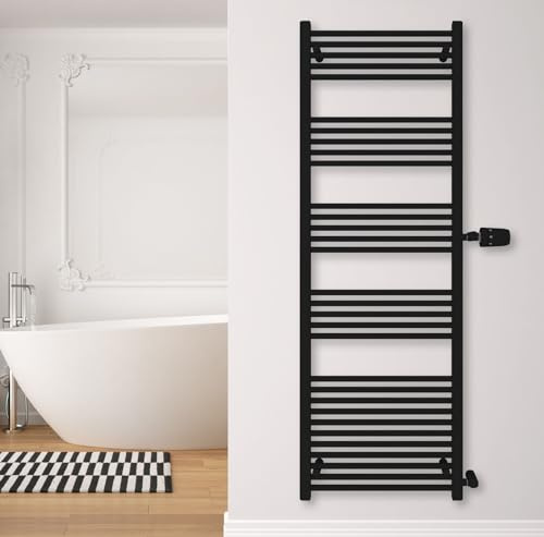 SHV Badheizkörper Andromeda Seitenanschluss schwarz matt | Heizkörper für Badezimmer, Handtuchhalter für Wand im Bad, Handtuchheizkörper, hochwertiger Handtuchtrockner (600x1750 (Anschluss 900) mm)