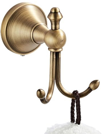 KWQKEM Antique Brass Towel Hook Vintage Coat Hook with 2 Hooks Wall Mounted Robe Hooks for Bathrooms and Kitchen Bronze Hand Towel Hook Hanger with Brushed Gold Finish