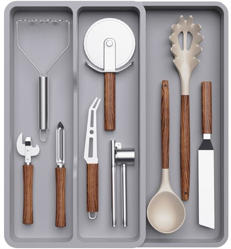 Lifewit Besteckkasten für Schubladen, Küchenutensilienhalter erweiterbar auf 36,5 cm, Schmale Schubladen Organizer Küche Tiefe 40 cm, Kunststoff Utensilienständer für Spatel/Messer/Löffel, Grau