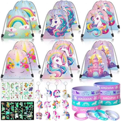 Toylink 48 Stück Einhorn Mitgebsel Kindergeburtstag Gastgeschenke für Mädchen 25*30 cm Rucksack mit Kordelzug für Kinder Silikonarmreif Tattoos Schlüsselanhänger Give Aways Kindergeburtstag
