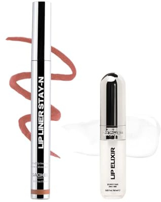 Sacheu Lip Liner STAY-N Peel Off Lip Stain & Lip Elixir Bundle — Long Lasting Waterproof Lip Tint with Hyaluronic Acid & Vitamin E — Transfer Proof Matte Finish (p-INKED and Clear)
