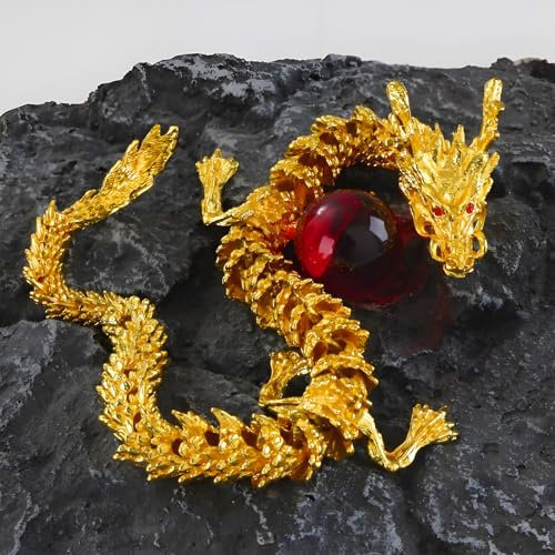 LIYAOLI Großer Goldener Drache, 3D-Druck, beweglicher chinesischer Drache, Metall, Goldener Drache, 38,1 cm, Glücksdrache für Zuhause, Büro, Schreibtischdekoration, mit roter Edelsteinperle