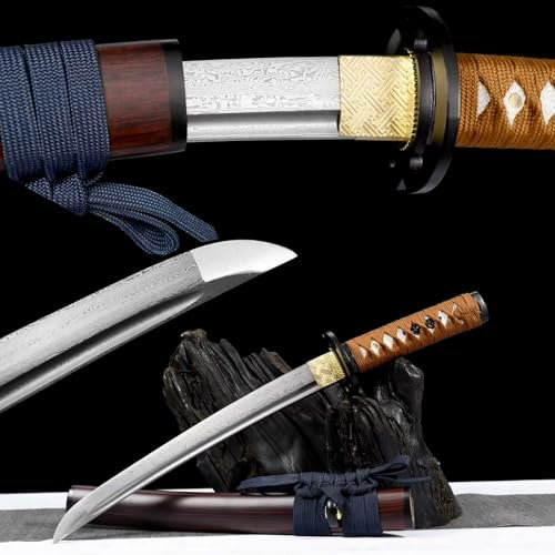 55cm handgefertigtes Wakizashi,Musterstahl klinge mit brennendem Muster,Scheide aus massivem Holz mit Lack,echtes Samurai schwert für Requisiten,Rollenspiele,Fitness,Kendo-Training,Halloween,Iaido
