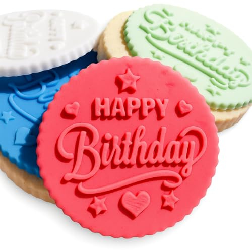 Happy Birthday Stars and Hearts Icing Stamp Embosser Stamp Fondant for Biscuits, Cookies, Cupcake Topper Decorations Stencil for Birthdays (60mm)