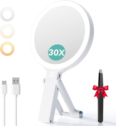 Auxmir Espejo Maquillaje con Luz, 30X/1X Aumento Doble Cara 2000mAh Recargable USB Type-C 56 Leds 3 Colores de Luz Brillo Regulable, Colgar Pared Mesa Portátil, Blanco