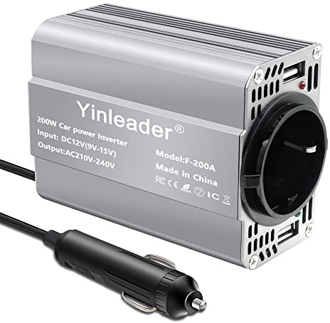 Yinleader 200W 12V auf 230V Wechselrichter KFZ Spannungswandler mit 1 EU Steckdose, 2 USB-Anschlüssen für Auto, Zigarettenanzünder, Laptop, Camping