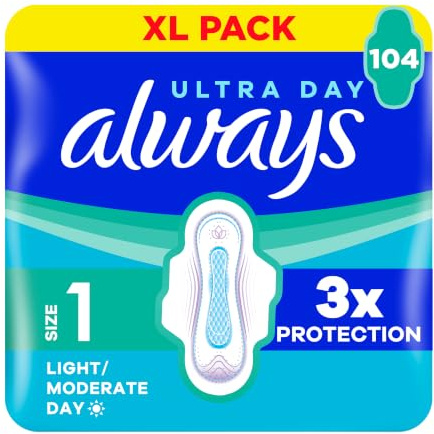 Always Ultra Damenbinden, Größe 1 Normal, extra große Packung, 104 Stück, super saugfähig, ultradünne Binden mit Flügeln für leichten/mäßigen Durchfluss