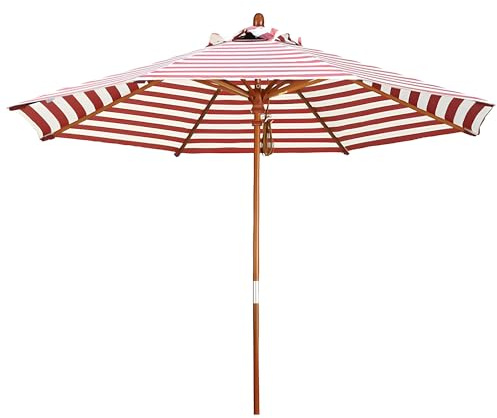 Ombrellone da Giardino a Righe da 210 cm, ombrellone da Spiaggia da 270 cm, palo in Legno da 38 mm, 8 Stecche, ombrellone da Esterno per terrazza, Cortile, Piscina, Strisce Rosse e Bianche (