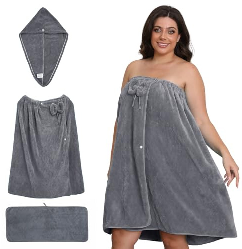 Emdelifo Badetuch-Wickeltuch in Übergröße für Damen (XXL-XXXXL), übergroßes Dusch-Wickelkleid, Spa-Bademantel, bequemer, Verstellbarer Körperwickel + Haartrockentuch + Handtuch (Grey, 210cmX80cm)