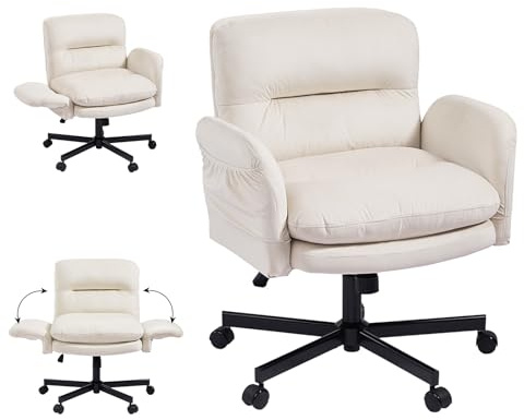 Bestier Criss Cross Office Chair with Flip-Up Arms, Vanity Comfy Chair with Thick Cushion & Wheels, Cross Legged Office Chair for Home Office, Bedroom, Beige Velvet