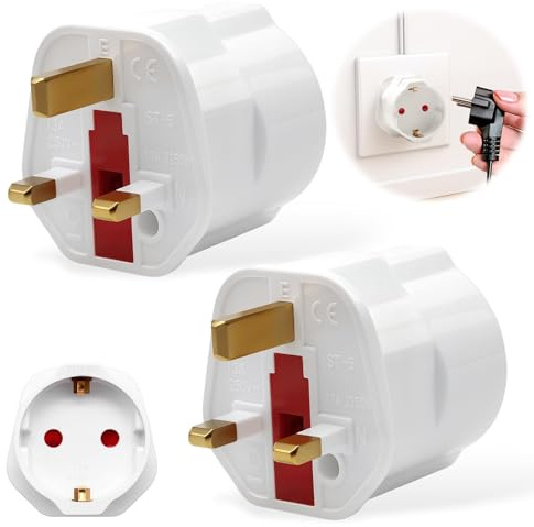European to UK Plug Adaptor, White Travel Interface Connector Piece with Protective Fuse, Compact Linking Accessory for Connecting Personal Devices in Different Wall Layout Environments (2)