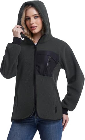 Mnking Veste Polaire Femme Hiver à Capuche Sherpa Sweat Hoodie Zippée Chaude Teddy Manteau Coupe-vent pour Outdoor Randonnée Ski Course FS5563W-Grey-L