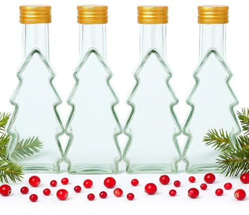 lilawelt24 4x 500ml Weihnachtsflaschen zum befüllen, Tannenbaum,Schnapsflaschen, Weihnachtsgeschirr, Likörflaschen Geschenkflasche Weihnachten Flaschen