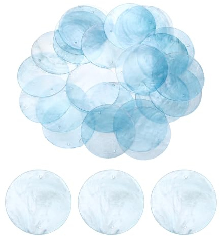 QUARKZMAN 100 Piezas De Conchas De Mar Capiz Redondas De 50 Mm, Discos De Conchas Naturales Capiz Redondas Con Agujero Para Cortinas De Viento De Conchas Y Decoración Del Hogar, Azul Claro