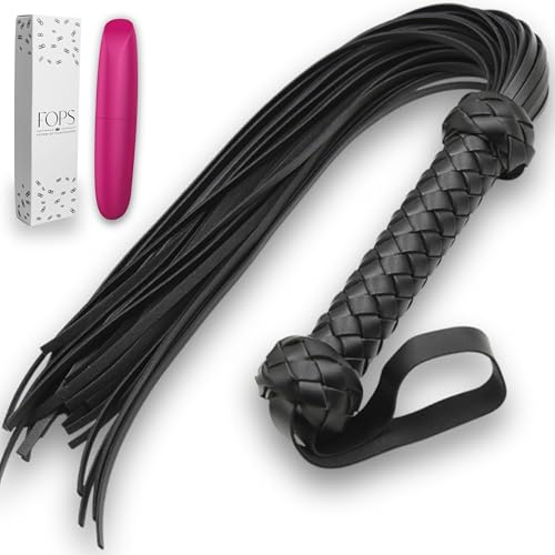 FOPS BDSM Set für Paare: Flogger Peitsche 49 cm Kunstleder Schwarz + Rosa Klassischer Vibrator 13 cm ⌀ 2,5 cm SM Peitsche & Vibrator Sexspielzeug B21-13 + W77-2