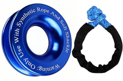MiJunHD Universal Winch Snatch Recovery Ring Aluminum Alloy Snatch Block Pulley Towing Ring + Shackles Rope & Synthetic Rope for ATV UTV SUV Truck Off-Road Vehicle Recovery (Blue)