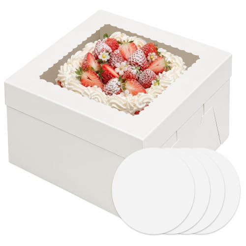 Flhlxzm 5 Pcs Cake Box, 10 Inch Tall White Square Cardboard Pastry Box | Round Board, Premium, Clear Display Window, for Wedding Birthday Celebration