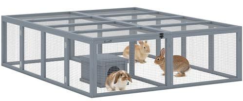 PawHut Freilaufgehege Kaninchenstall mit 2 Türen 180,4 x 150 x 48 cm Grau | Aus Holz, Hasenstall mit Unterschlupfhaus, Für 2-4 Zwergkaninchen Zwergmeerschweinchen Enten