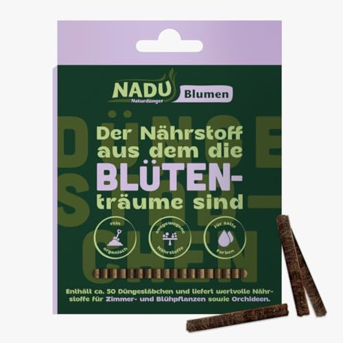 NADU organischer Blumendünger für alle Blumen – 100% natürlich, Langzeitwirkung für prächtige Blüten und gesundes Wachstum, haustierfreundlich, Made in Germany (100g, Düngestäbchen (50 Stk))