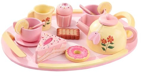 Teeservice aus Holz für Kinder, 16-teilig, fantasievolles Spielerlebnis, Rollen-Teeservice, Spiel-Essen-Set, vielseitige Spielszenarien für kleine Mädchen im Alter von 3, 4, 5 und 6 Jahren