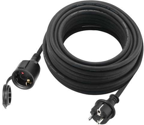 Verlängerungskabel Outdoor 20m für den Außenbereich, Gummi Verlängerung Stromkabel mit Schuko Stecker, IP44 Verlängerungsleitung 3G1,5 mm² Kabel, Elektrokabel außen, mit Schutzkappe, 3500w, Schwarz