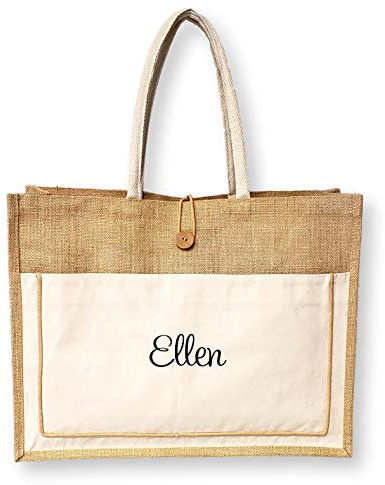SONA G DESIGNS Personalized Tote Bag with Embroidered Name Vintage Style Jute with White Cotton Pocket - Reusable Large Grocery Shopping Bag
