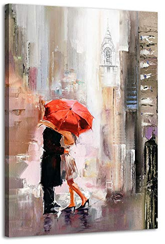 RUISHI Canvas Wall Art Modern New York Cityscape Large Romantic Painting Decor Lovers Under Red Umbrella Street Scenery Pictures for Living Room Bedroom Home Office Decoration 36L x 24W