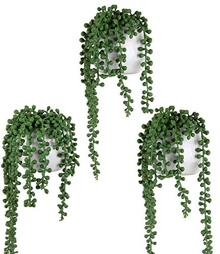 MyGift Artificial Faux String of Pearls Plants in White Ceramic Wall Hanging Planter Pot with Jute Rope, Set of 2