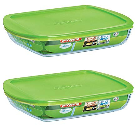 Pyrex Microwave Safe Classic Rectangular Glass Dish Vented Lid 1.6L Green (Pack of 2)