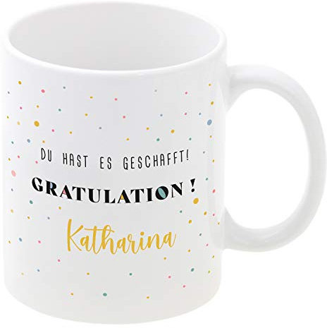 Tasse - Gratulation mit Name und Wunschtext: personalisierter Kaffeebecher mit eigenem Spruch - Zum Abschluss Führerschein Abi