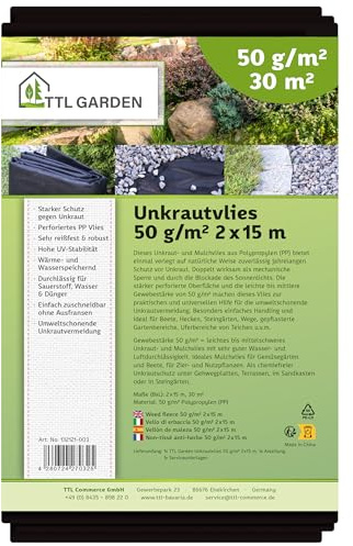 TTL GARDEN 50g/m² Unkrautvlies 30m² 2 x 15m schwarz sehr wasserdurchlässig | - gefaltet, reißfest, UV-stabil & atmungsaktiv - Gartenvlies Wurzelsperre Mulchvlies Garten Vlies Folie gegen Unkraut schwarz