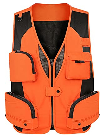 Herr utomhus flera fickor snabbtorkande praktisk fiskeväst med avtagbar rygg safari camping jakt väst vandring fotografi väst med blixtlåsfickor, Orange, L