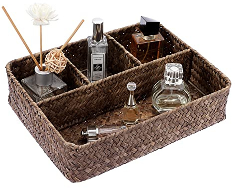 OLegei Cesta de almacenamiento de mimbre cesta de estante cesta trenzada caja de almacenamiento con 4 compartimentos organizador de mesa para encimera, oficina, estante (café)