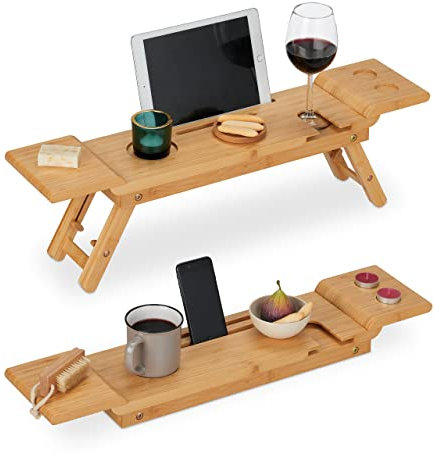 Relaxdays Bandeja Bañera Bambú, 70 cm Ancho, Soporte para Tablet, Móvil, Copa de Vino, Tabla Baño con Patas, Natural