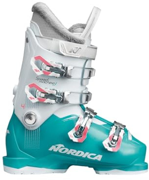 Nordica Speedmachine J4 Kid's Alpine Ski Boot, Light Blue/White/Pink, 26.5