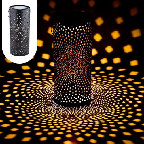 Marrakesch Solarlaterne für außen mit Henkel aus Metall 30cm Groß | Orientalische Outdoor Solar LED Laterne Swann Schwarz IP65 Wasserdicht als Gartendeko Deko