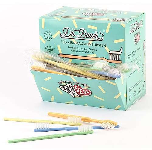 Dr. Bauer's Brosses à dents jetables avec dentifrice – paquet de 100 – brosse à dents de voyage écologique avec paille – pour dentistes, hôtels, camping – distributeur orange/vert/bleu/jaune