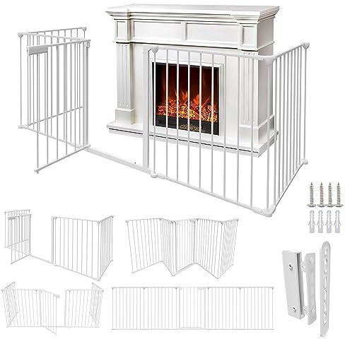 Joparri Kaminschutzgitter mit Tür 310 cm Metall Ofenschutzgitter Laufgitter Laufstall Absperrgitter Tierschutzgitter Türschutzgitter für Kinder-Sicherung, 5-teilig (je 65 x 75 cm) Weiß