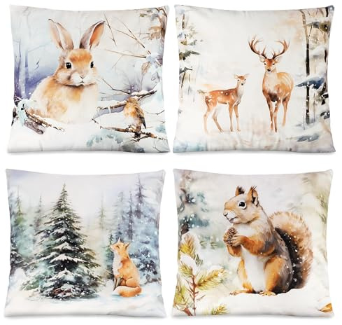 COLOFALLA 4 Stück Weihnachten Kissenbezüge 45x45cm in Schneelandschaft Hirsch Hase Zierkissenbezüge Weihnachtskissenbezug Kissenhülle Winter Deko für Wohnzimmer Schlafzimmer