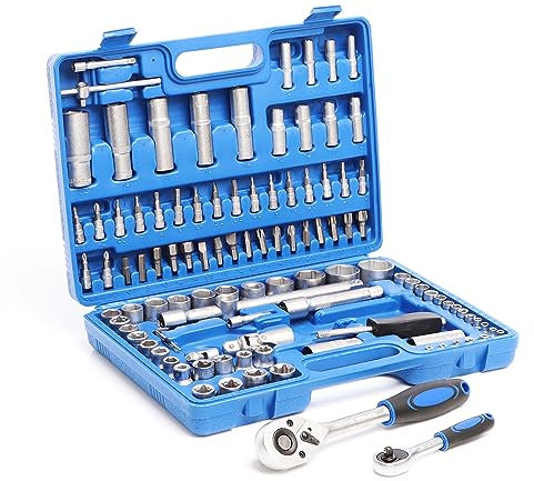 Wiltec 108-teiliger Steckschlüsselsatz Ratschenkasten mit 1/2 (12,5mm) und 1/4 (6,3 mm) Antrieb, Stecknüsse im Knarrenkasten, hochwertige Steckschlüssel für Werkstatt