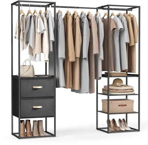 SONGMICS Kleiderständer, offener Kleiderschrank, Garderobenständer hochbelastbar, 1 ausziehbare Stange, 2 Schubladen, 4 Ablagen, für Schlafzimmer, platzsparend, ebenholzschwarz RGR003B56