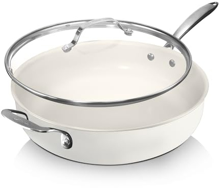 GOTHAM STEEL 5.5 Qt Saute Pan with Lid - Nonstick Deep Frying Pan, 100% PFOA Free Ceramic, Dishwasher Safe, Cream White