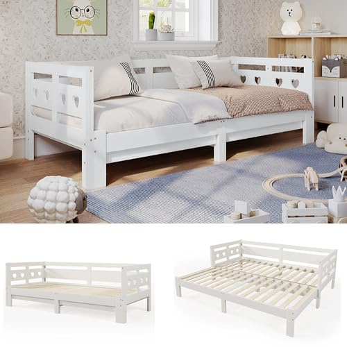 Kayan Tagesbett Ausziehbar Sofa Sofabett Schlafsofa Bett, Schlafgelegenheit und Rollrost Herzform Bett, Kiefer-Massivholz, 90(180) x 200 cm (Weiße)