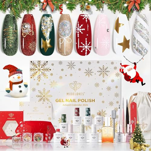 Modelones Kit Ongle Gel UV Complet, Kit Vernis Semi Permanent 8 Couleurs Rouge Vert Cat Eye Or Argent Blanc Calendrier de Avent 12 Jours,Vernis Gel et Base & Top Coat,8W Lampe, Cadeau pour Le Fêtes