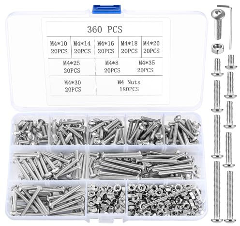 M4 Bolts and Nuts Set, 360 Pcs Hex Socket Head Cap Screws Nuts and Bolts Assorted Set, Round Head Pan Head Machine Screws Assortment Kit, Thread Fastener Hex Bolts and Nuts (M4)