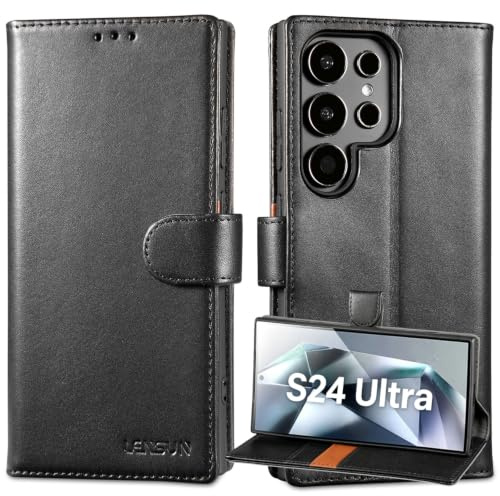 LENSUN Echtleder Hülle für Samsung Galaxy S24 Ultra, Kartenfächer, Schwarz | Echtes Leder Handyhülle, RFID Schutz, Standfunktion, Lederhülle Handytasche, Kontrastdesign