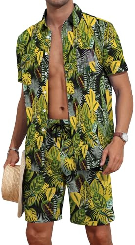 AIYINO Hawaiianska skjortor för män funky 2-delad semester strandkläder, Svart gult blad, XXL