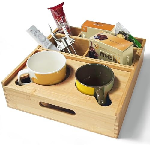 ROCDEER Couchbar Snackbox aus Bambus/Holz,SofaTablett mit Getränkehalter,Abnehmbarer Deckel für Snacks & Getränke,Snackbox mit Fächern,Couch Butler,Couch Tablett,Snackbar für Outdoor Couchtisch-L