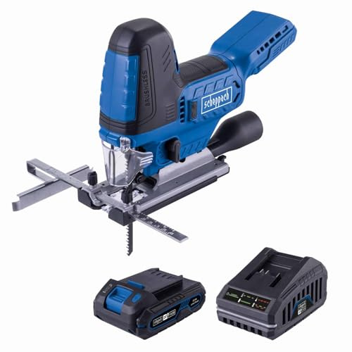 Scheppach Akku Stichsäge BC-JS254-X | Hublänge 25,4mm | Hubzahl 1000-3000 min-1 | Schnitttiefe 100mm Holz, 10mm Metall, 15mm Aluminium | 20V-IXES-Serie | 10 Jahre Garantie | mit 2Ah Akku & Ladegerät