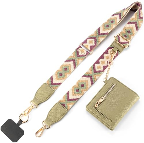 Diaclara Clip and Go Phone Strap with Zipper Pouch- Stylish Crossbody Adjustable Chain Lanyard with Leather Wallet for All Phones, Green
